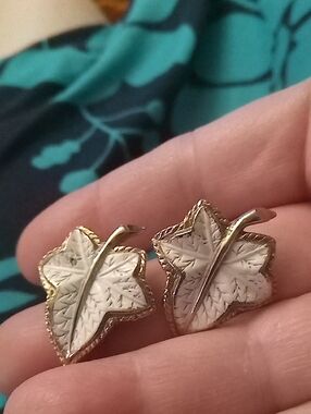 Gold-Tone White Enamel Leaf Clip-On Earrings